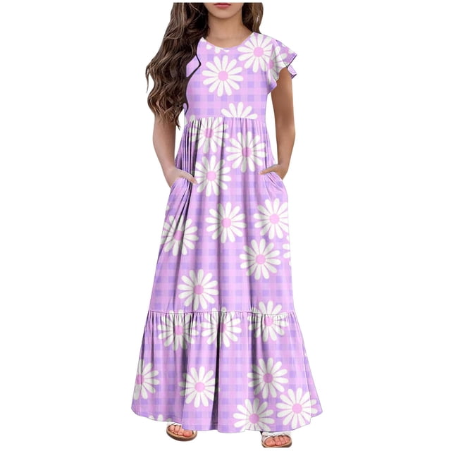 Yanlir Robe d'Été à Volants pour Filles 4-14 Ans, Robes Trapèze pour Enfants Sans Manches à Col Rond, Robe Soleil pour des Tenues Confortables et Stylées (Violet#4, 10 Ans)