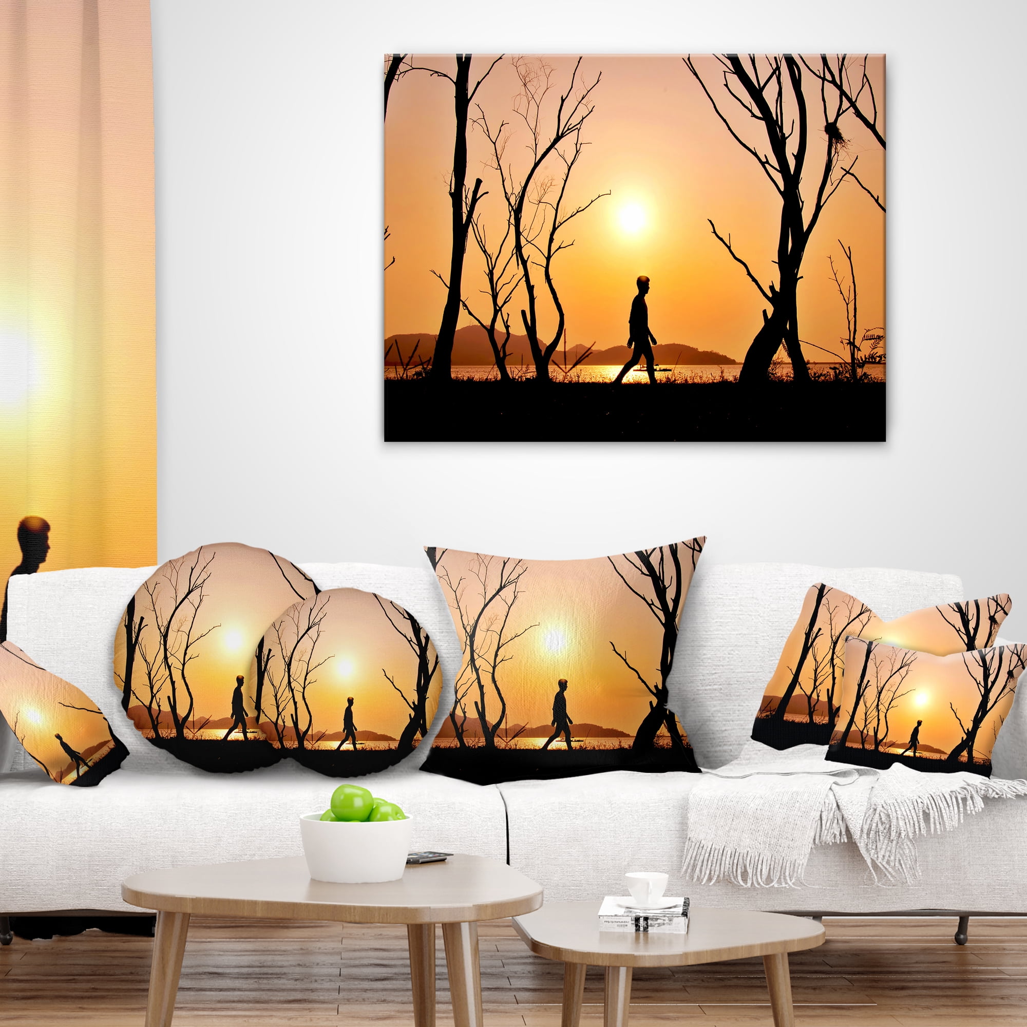 Designart Man Walking Alone in Evening - Landscape Photography Throw Pillow - 12x20