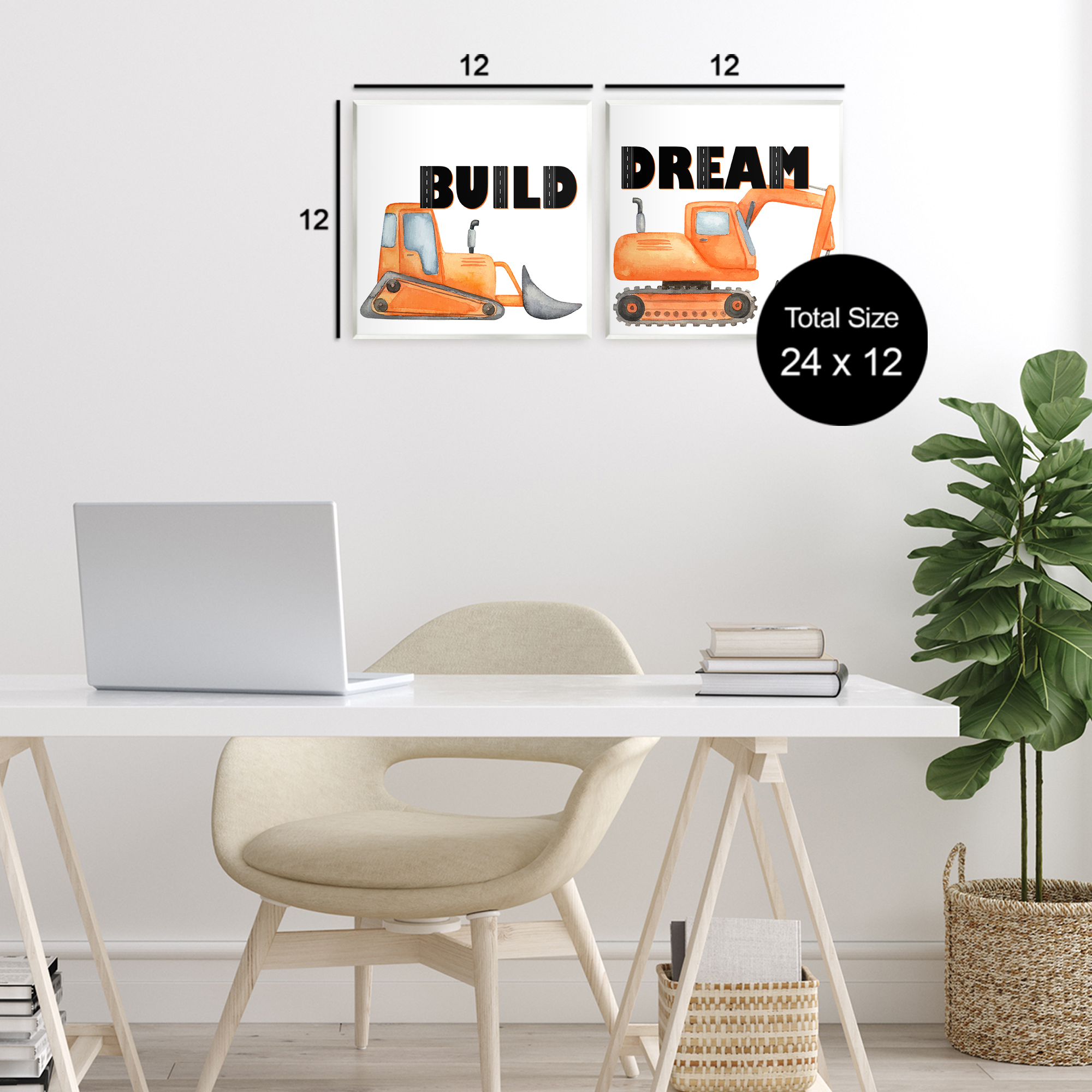Build & Dream Construction Vehicles 2 Piece Wall Plaque Art Set, design by Kim Allen