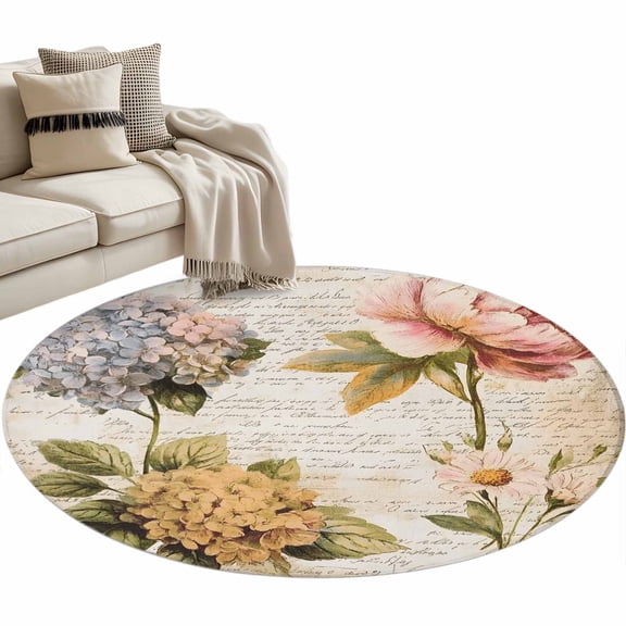 Vintage Hydrangea Floral Round Rug 3.3ft Area Rug Washable Soft Non-Slip 3.3' Circle Low Pile Rugs Spring Botanical Flowers Carpet for Bedroom Living Room Entryway Home Office Dining Room