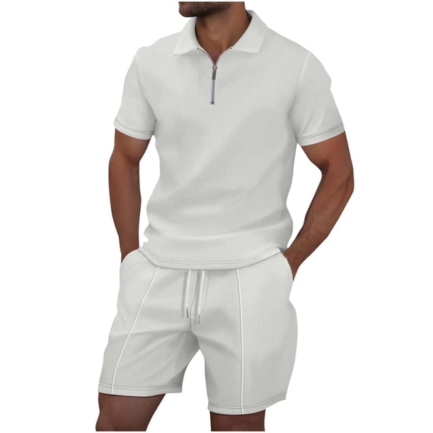 Conjunto de Pantalones Cortos para Hombre 2 Piezas Trajes de Color Sólido Medio Cremallera Camiseta Solapa, Traje de Pantalones Cortos de Ocio