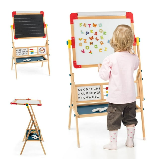 Costway Caballete Pizarra de Madera para Niños 3 en 1 Pizarra Blanca de Doble Cara Rotatoria Caballete Infantil Bandeja de Dibujo para 3+ Años