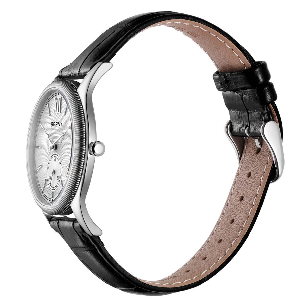 BERNY Silver Watch for Men, Ultra-Thin Minimalist Leather Watch, Stainless Steel Case, Waterproof Analog Quartz Watch, Business Dress Watches with Small Seconds (White)