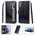 thumbnail image 1 of SaniMore for Samsung Galaxy S23 PU Leather Case, Magnetic Closure Flip Zipper Wallet Glitter Cover with Wrist Strap Card Slot & Kickstand Shockproof Protective Shell for Girls Ladies, Black, 1 of 6