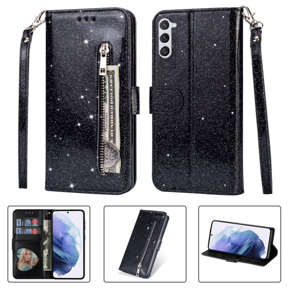 SaniMore for Samsung Galaxy S23 PU Leather Case, Magnetic Closure Flip Zipper Wallet Glitter Cover with Wrist Strap Card Slot & Kickstand Shockproof Protective Shell for Girls Ladies, Black