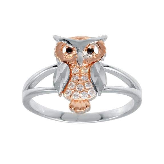 Rose Gold Plated Sterling Silver 925 Diamond-Cut Two-Tone Owl Ring White CZ Female Size 6