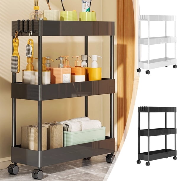 Estante Organizador Móvil de Tres Niveles para Rincones | Estante Organizador Multinivel con Poleas | Plástico Grueso | para Rincones de Baño y Cocina | 40 X 12 X 62,6 Cm | Negro | 1 Unidad