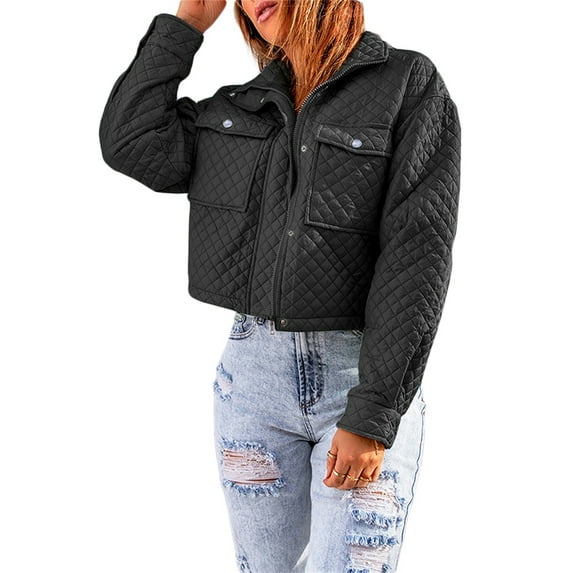 hirigin Women Fashion Wild Cropped Jacket Solid Color Turn-Down Collar Long Sleeve Single-Breasted Zipper-Up Pockets Coat