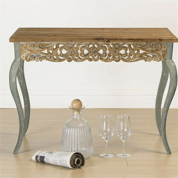 Vintage Rustic Wooden Console Table with Carved Details, 49.21" Long, Distressed Finish, 1pc