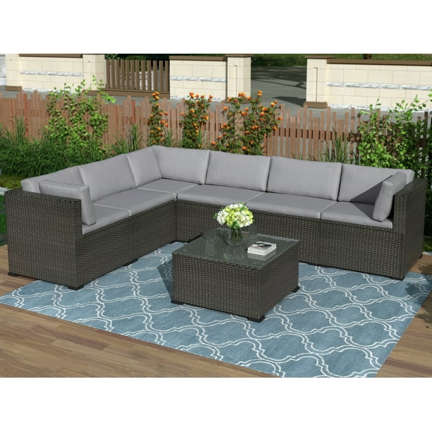 Wicker Patio Sets, 7 Piece Patio Furniture Sofa Sets, 6 Rattan Wicker Chairs with Glass Table 