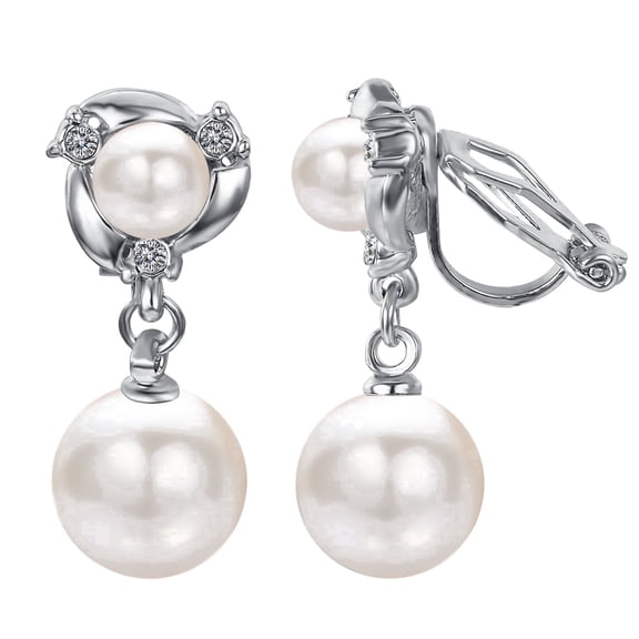 Yoursfs Pearl Clip on Earrings for Women Platinum Plated Double Silver Pearl Dangle Earrings Clip on Non Pierced Ears Jewelry Gifts