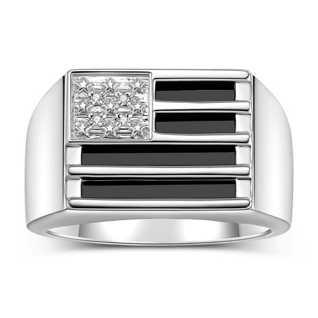 RYLOS Men's Rings Sterling Silver USA Flag Designer Ring With Diamonds and Black Onyx Rings For Men Designer Patriotic Jewelry Size 13
