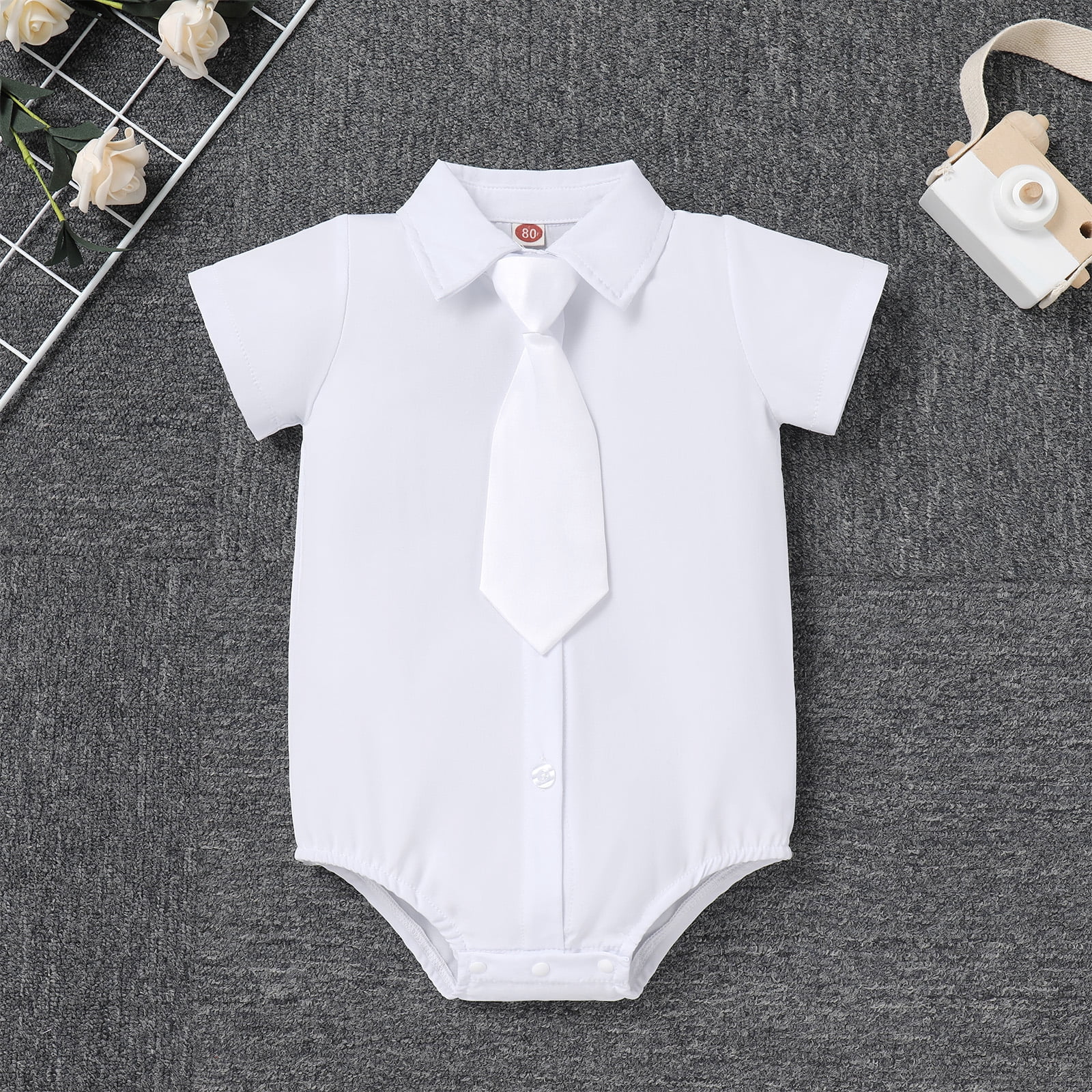 Baby Boys Baptism Christening Outfits Gentleman Formal Suit Bowtie Romper Vest Shorts Pants White Wedding Tuxedo Party Outfits First Birthday Cake Smash Clothes 4PCS Set (White Necktie, 6-12 Months)