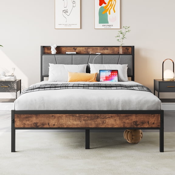 Full Size Bed Frame with Charging Station, UHOMEPRO Platform Bed Frame with Storage Headboard & Under-Bed Storage, Easy Assembly & No Box Spring, Brown