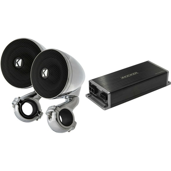 Kicker Marine KPX300.4 Powersports & Motorcycle Amp & 3" Chrome Enclosed Speakers (4 Ohm )