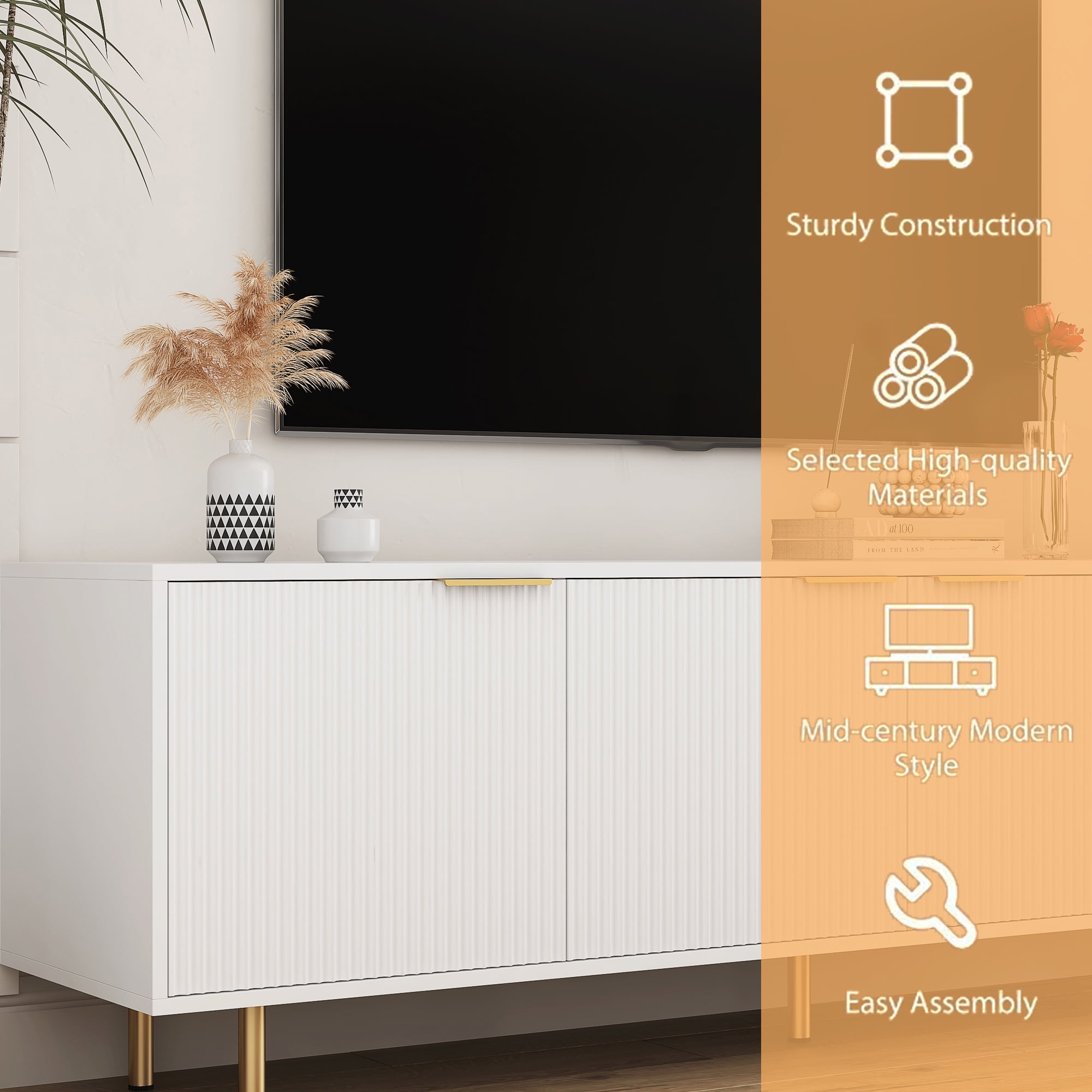 HIUU White Modern Fluted TV Stands for Living Room, Entertainment Center with 4 Doors Cabinet Storage,Console Table Metal Adjustable Legs for 65''TV