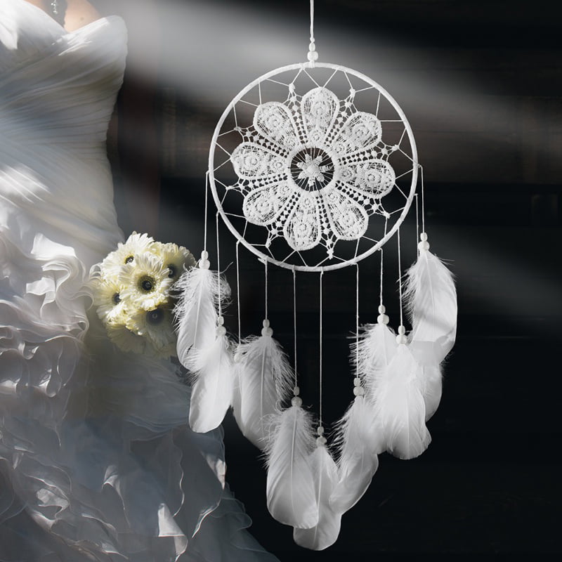 Natural Feather Dream Catcher Black Color Lace Wind Chimes Hanging Home Decor S 