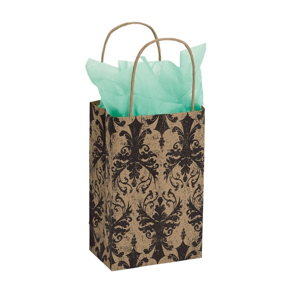Small Distressed Damask Paper Shopping Bags - 5 ¼”L x 3 ½”D x 8 ½”H - Case of 100- Bags with Handles - Premium Paper Shopping Bags for Retail - Shopping Bags with Handles - Multiuse Paper Retail Bags