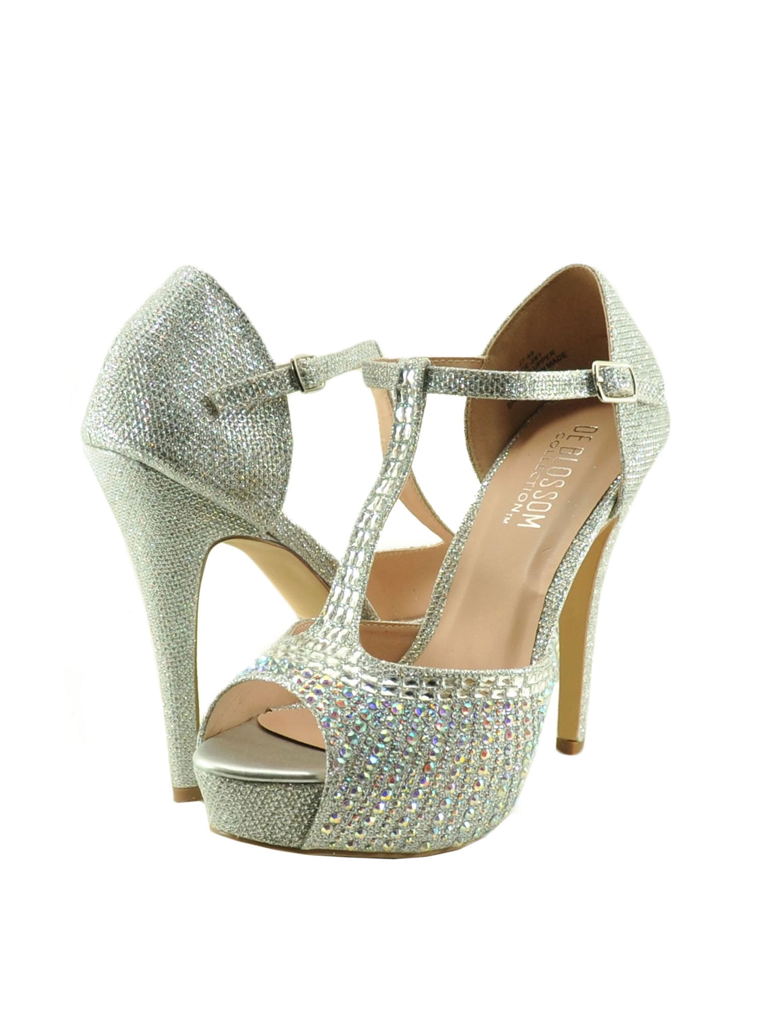 Women's Shoes Blossom Vice 261 T-strap Rhinestone Heels Nude Sparkle *New*