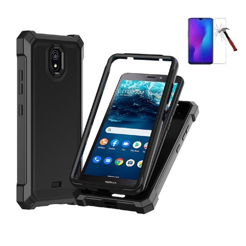 Phone Case for Nokia C100, Full Body Soft TPU Cover Case with Tempered Glass (Black)