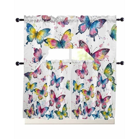 Colorful Butterfly Swag Kitchen Curtains Sets for Windows 24 Inch Length, Elegant Pastoral Butterflies Watercolor Short Window Curtain Panels Swags Valances and Tiers 3 Piece Set for Cafe/Dining Room