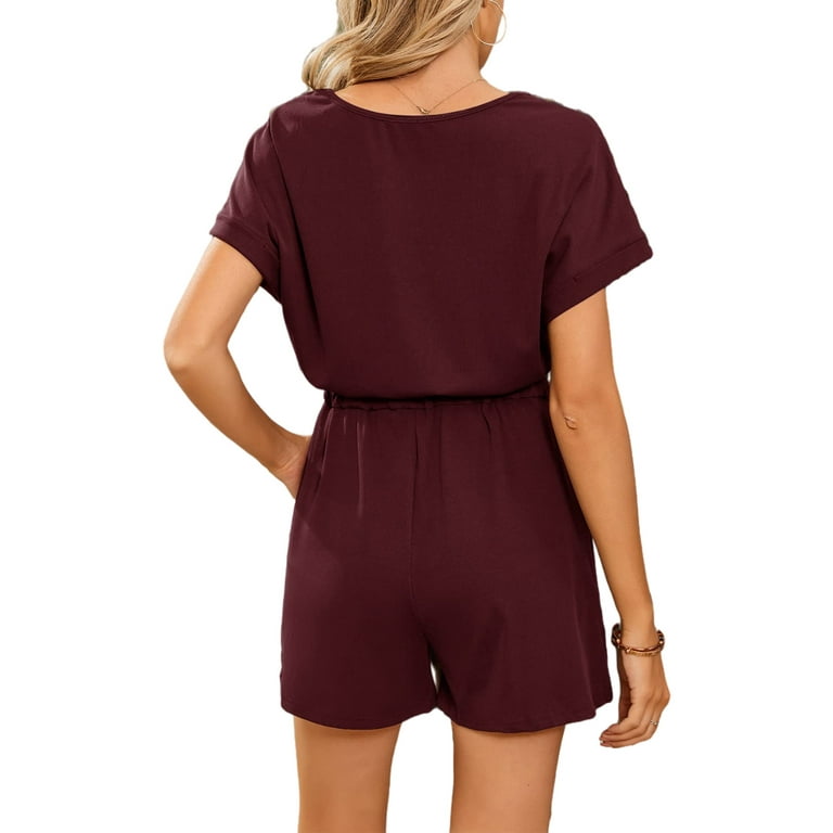 Capreze Ladies Romper Solid Color Jumpsuits Short Sleeve Mini Jumpsuit Cute One Piece Playsuit V Neck Rompers Wine Red 3XL Walmart