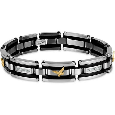 White CZ 316L Stainless Steel Black IP and Gold IP Eagle Railroad Link Bracelet, 8.5