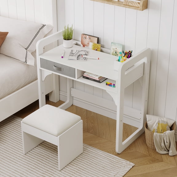 Kicctian Kids Desk with Chair Set,Height Adjustable Wooden Study Table with Bookshelf, Fabric Drawer, Pen Slot, Ideal for Reading, Homework, Writing,White
