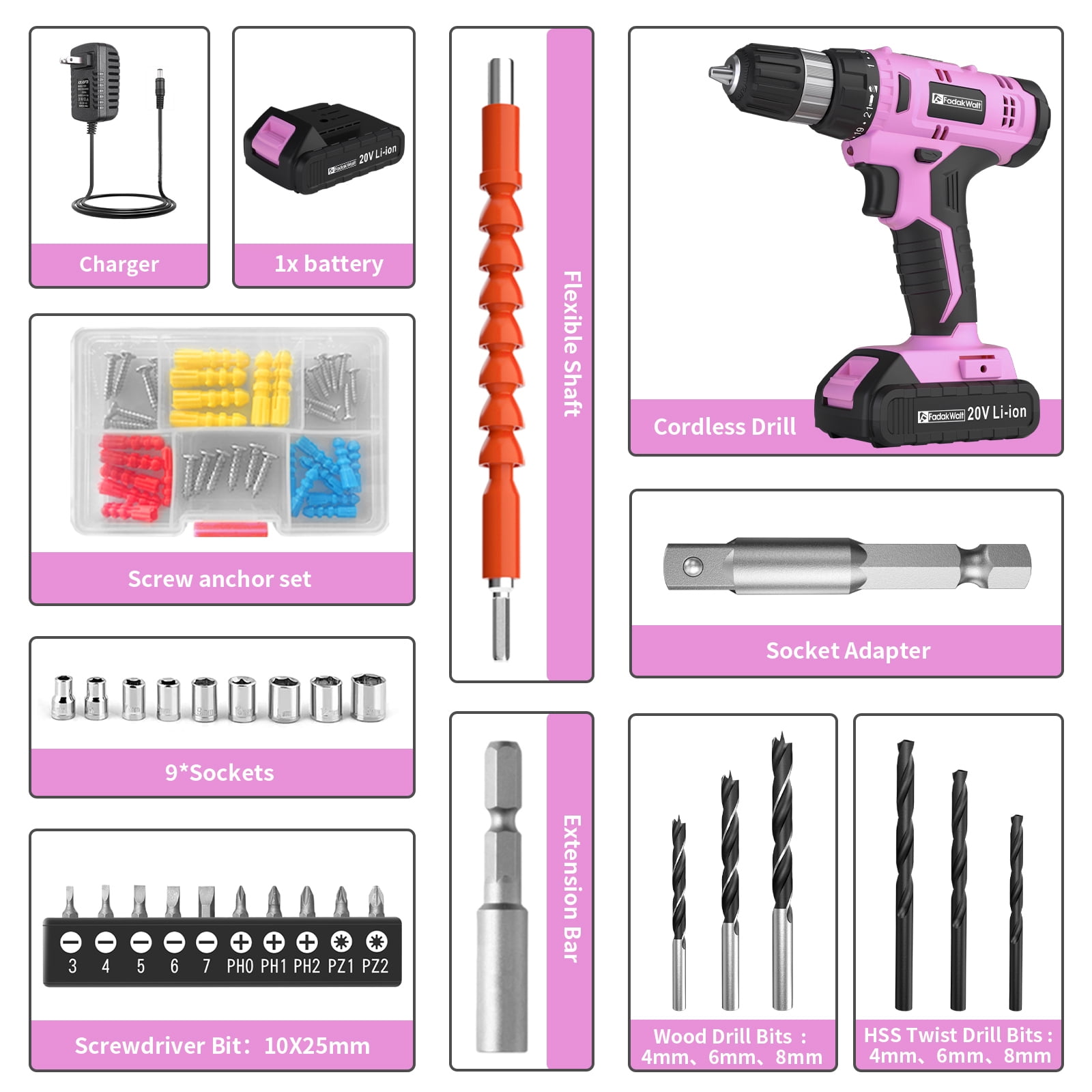 20V Cordless Drill Set with Lithium-Ion Battery and Charger, Electric Power Drill/Driver Kit, 3/8" Keyless Chuck, 22 Torque Settings, Includes 60pcs Drill Bits and Sockets for Home DIY Projects