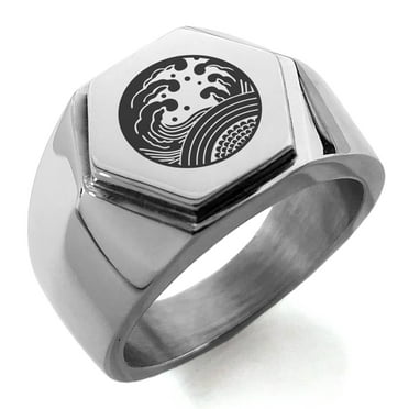 Stainless Steel Ocean Kamon Crest Engraved Hexagon Crest Flat Top Biker Style Polished Ring