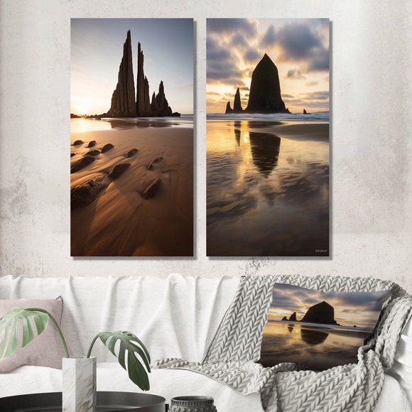 Designart "Time-Worn Rocks Sculpted by Sunset I" Beach & Ocean Wall Art Set Of 2 - Coastal Brown Gallery Set For Office Decor
