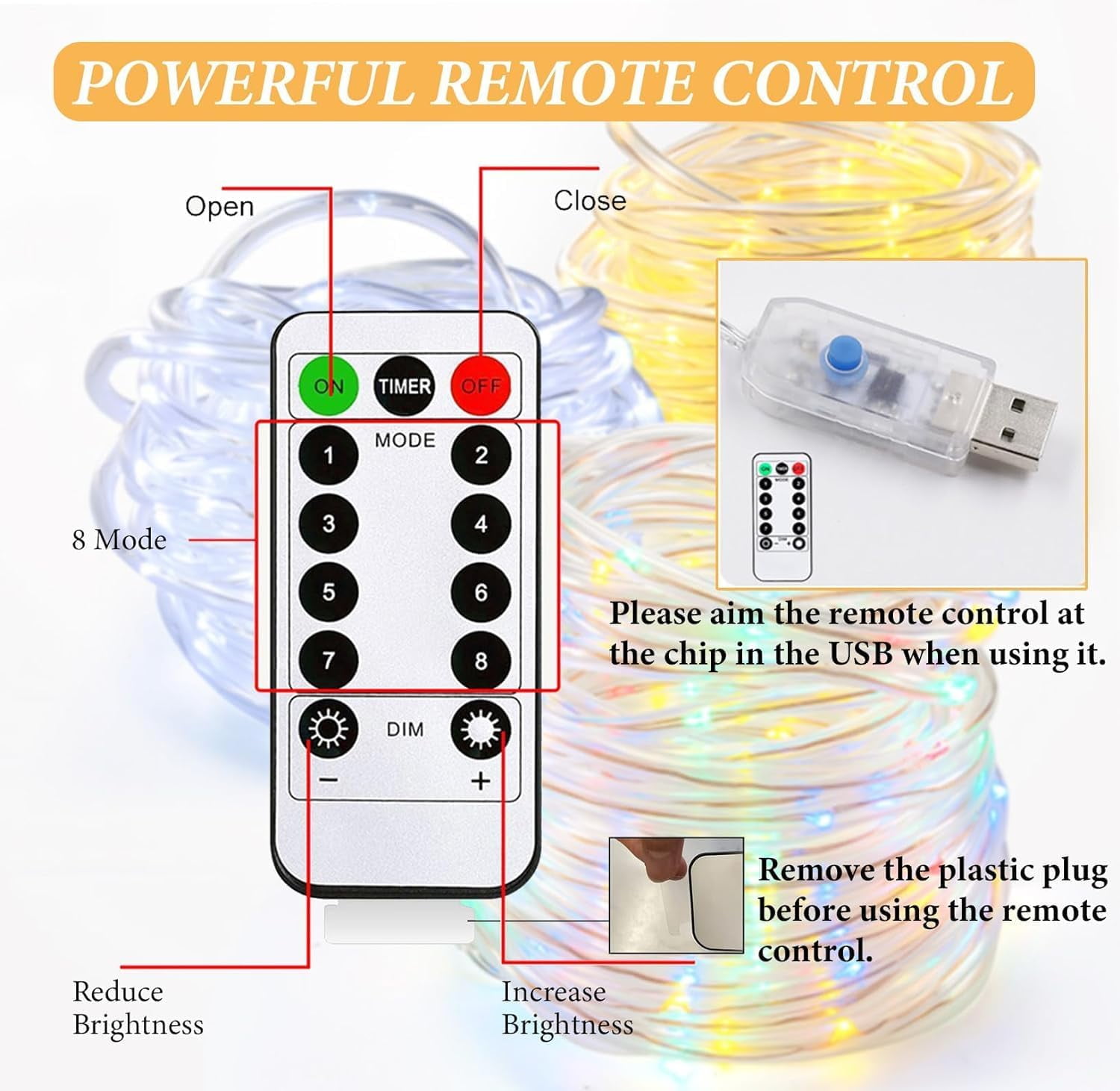 Rope String Lights, Waterproof 8 Mode/Remote USB Tube Lights Christmas Lights,String Lights Outdoor Indoor for Christmas Decorations