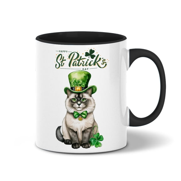 Happy St. Patrick’s Day Ragdoll with Green Hat Shamrocks Rainbow 11oz Accent Two-tone Mug Cat Lover Kitten Owner Gifts Idea Coffee Tea Cup - 03007