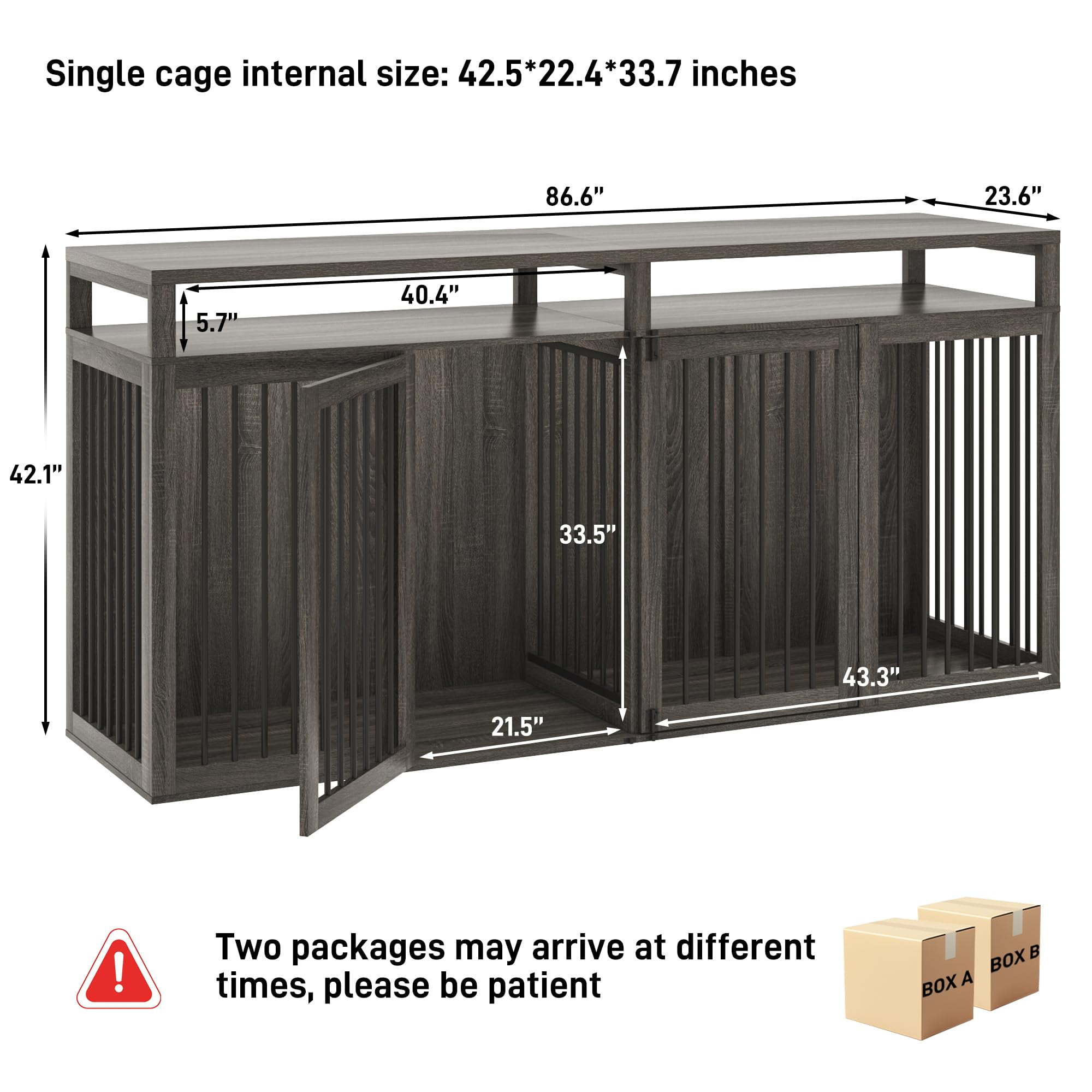 ChVans 87" Large Farmhouse Dog Crate TV Stand, Wooden Dog Crate Furniture with 4 Lockable Doors/Solid Metal Tube, XL-XXL Heavty Duty Dog Crates Furniture for 2 Medium or Large Dogs,Gray