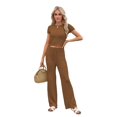 thumbnail image 2 of Womens Summer 2 Piece Outfits Color Block Short Sleeve Tops Tracksuit Slim Fit Pants Matching Set Lounge Sets 2026 Coffee Color S, 2 of 8
