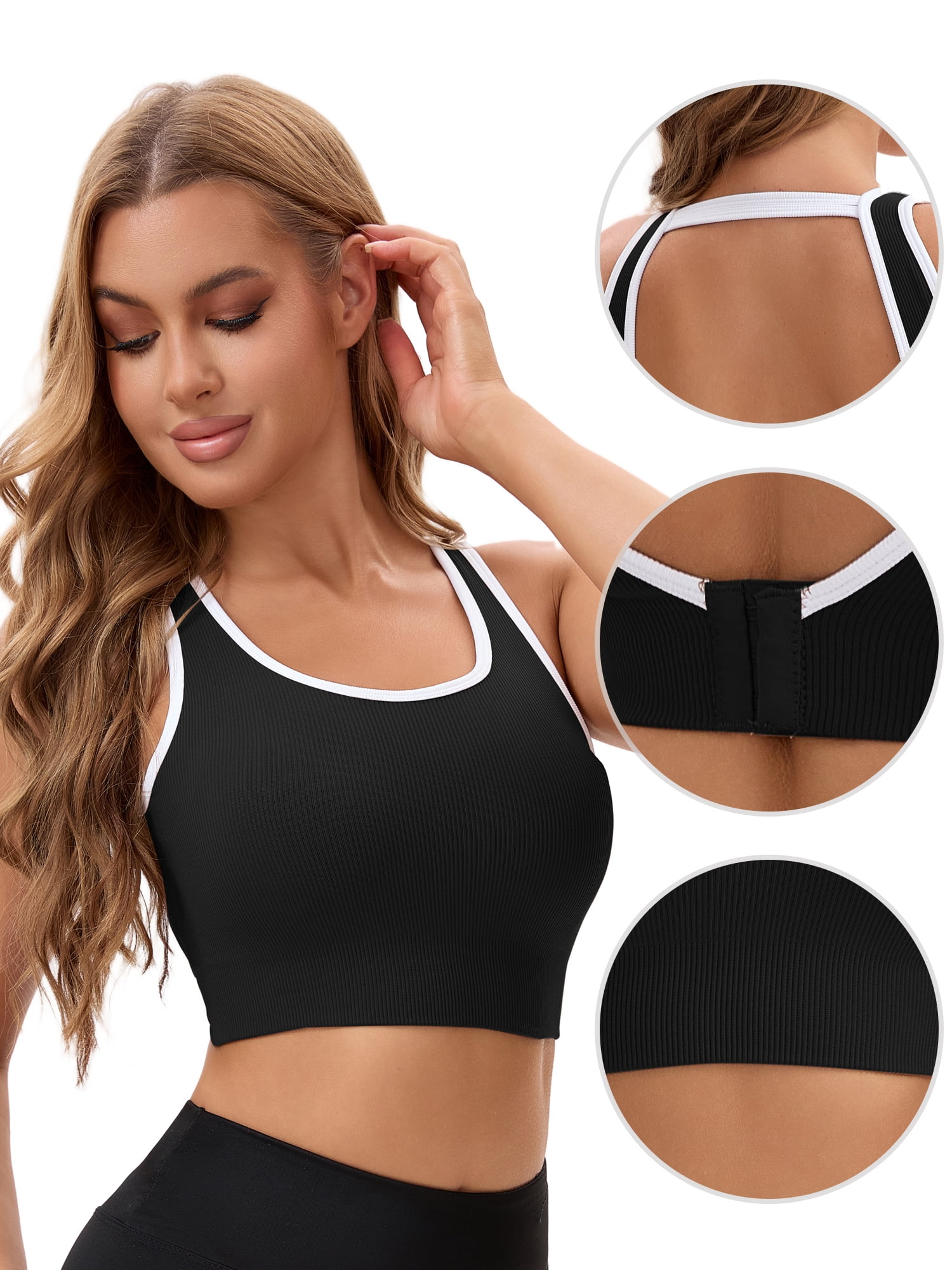 Unique Bargains Women's Contrast Color Open Back Workout Tank with Built-In Bras M Black