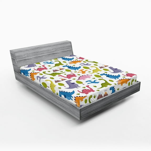 Ambesonne Dino Fitted Sheet, Dinosaurs Colorful, California King, Multicolor