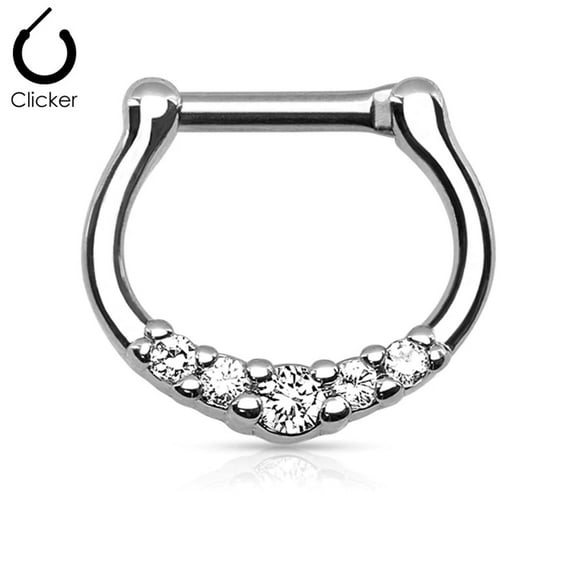 Surgical Steel Septum Clicker Ring 16 Gauge with 5 CZ Gems