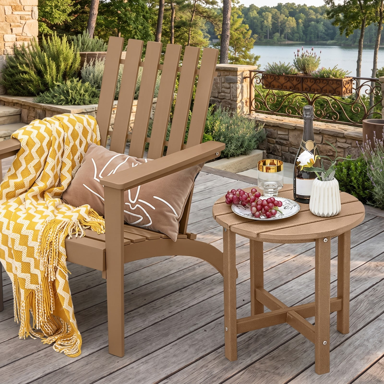 Furnibear Set of 2 18 Inch Round Weather Resistant HDPE Adirondack Side Tables for the Patio Porch Deck and Garden, Brown