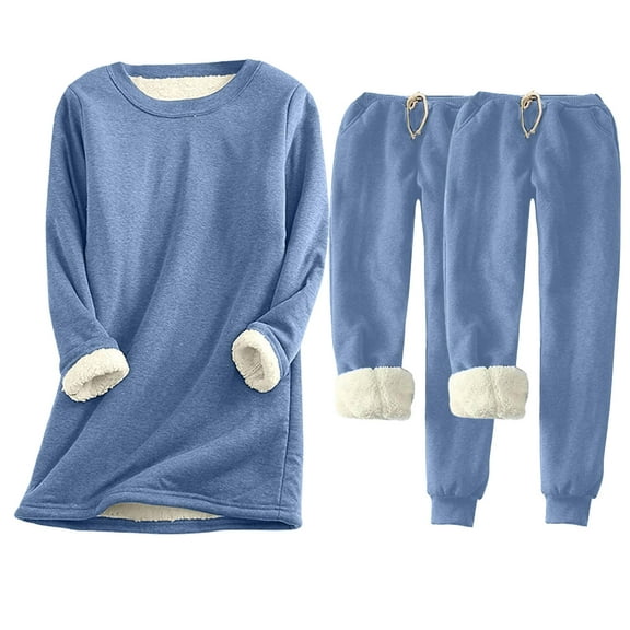 Oksale 3 PC Sweatsuits for Women Plus Size Round Neck Sherpa Sweatshirts Fleece Lined Sweatpants Warm Winter Loungewear Sets 2025 Blue M