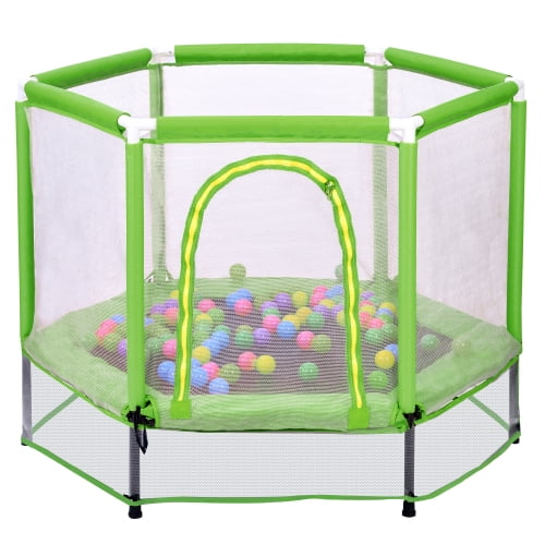Kids Trampoline 55inch with Safety Enclosure Net & Spring Pad and Ball Pit Ball, Indoor Outdoor Mini Trampoline for Toddlers - Green