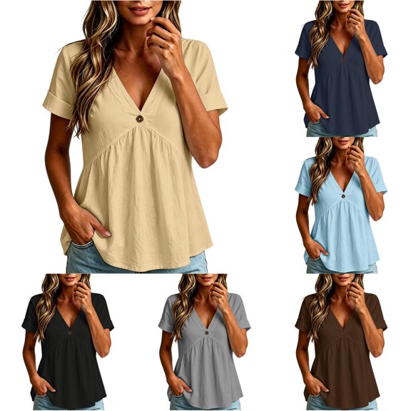 XAOFW Womens T Shirts Solid Color V Neck Button Up Loose Fitting Short Sleeved T Shirt Stylish Top L