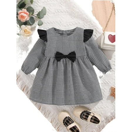 

Cute Houndstooth Round Neck Smock Long Sleeve Black and White Baby Dresses (Baby s)