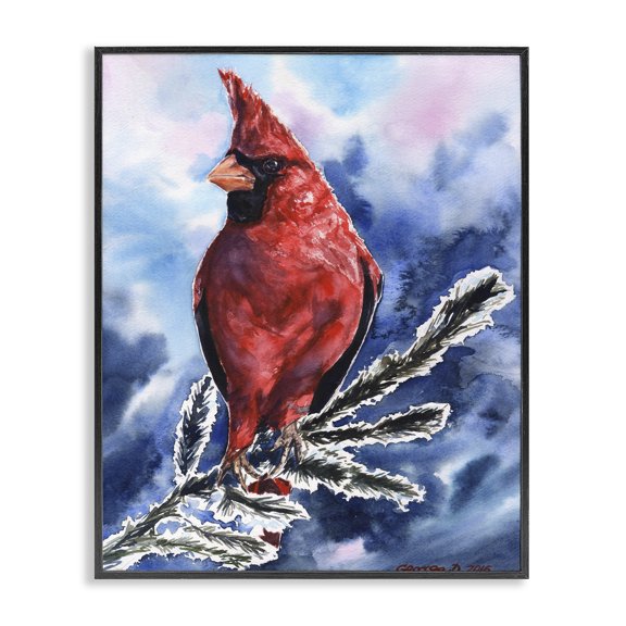 Stupell Industries Traditional Red Cardinal Perched on Pine Branch over Blue Black Framed Giclee Art, 11 x 14, by George Dyachenko