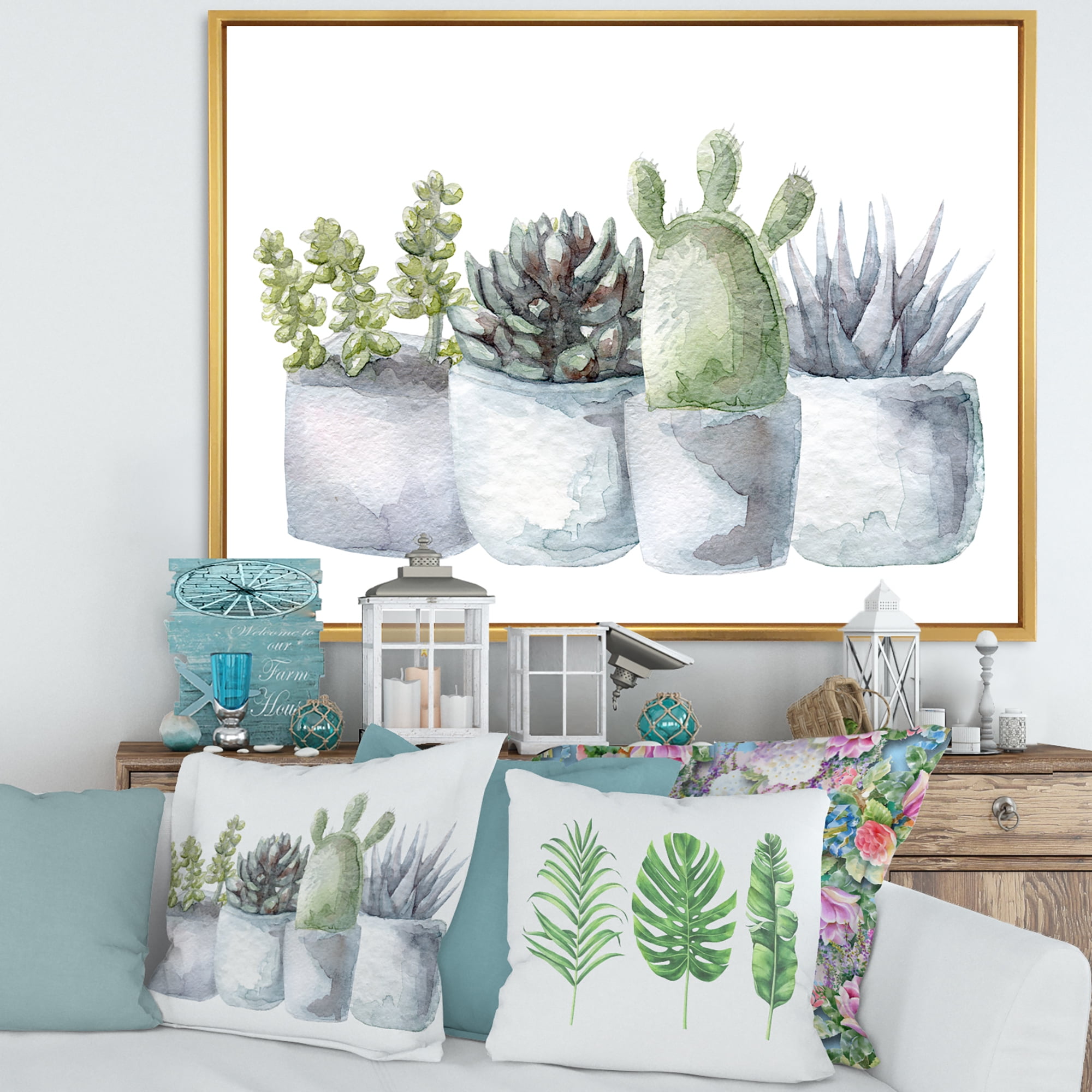 Designart 'Succulent and Cactus House Plants I' Farmhouse Framed Canvas Wall Art Print