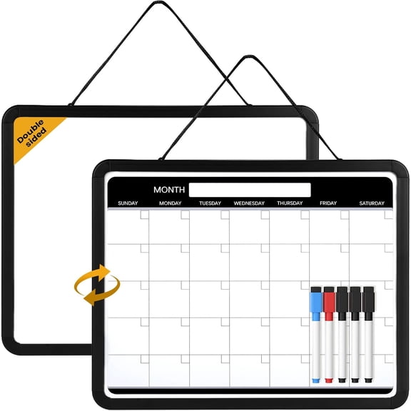 Small Monthly Whiteboard Calendar for Wall, Mini 11" x 14" Dry Erase Board with Plastic Frame, Hanging Dry Erase Calendar for Kitchen Planner, Home, Office - Black