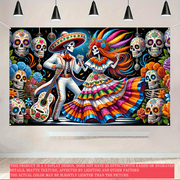1pc 2D flat banners Lively Day of the Dead holiday party celebration banner, colorful Day of the Dead themed banner with dancing skeletons intricate candy skull design,