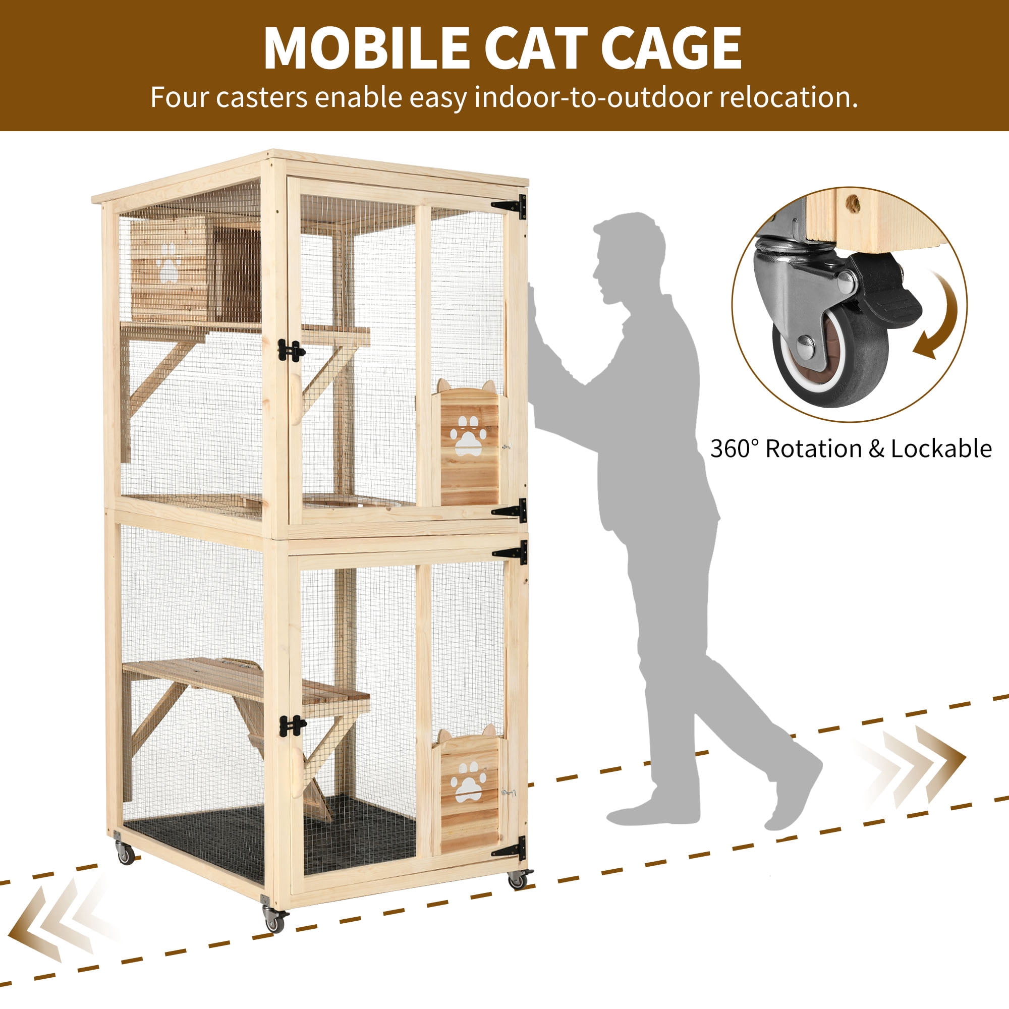Uforic Catio Outdoor Cat House with Wheels,Wooden Cat Enclosure Resting Box with 4 Platforms, 71 inch Kitten Condo Pets Cage, Brown