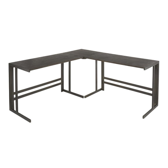 Roman Industrial "L" Shaped Desk in Antique Metal and Espresso Wood-Pressed Grain Bamboo