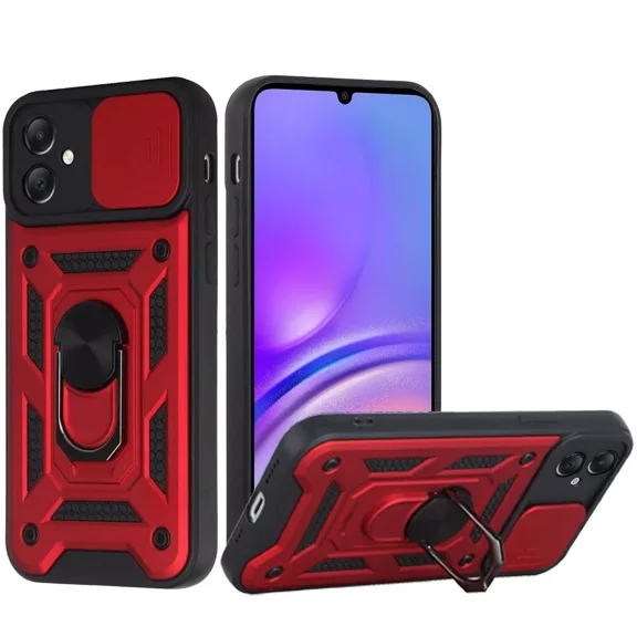 For Samsung Galaxy A05 SM-A055 Camera Push Magnetic Ring Hybrid Kickstand Cover Cell Phone Case - Red